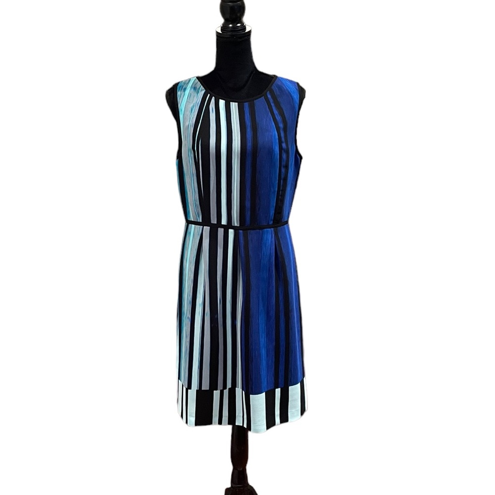 Ivanka Trump sleeveless abstract striped blue & black knee length dress size 12